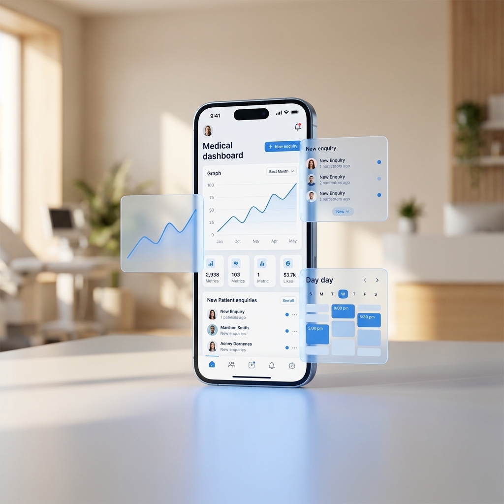 Smartphone mit Praxis-Dashboard, das neue Patienten-Anfragen und eine steigende Kurve zeigt