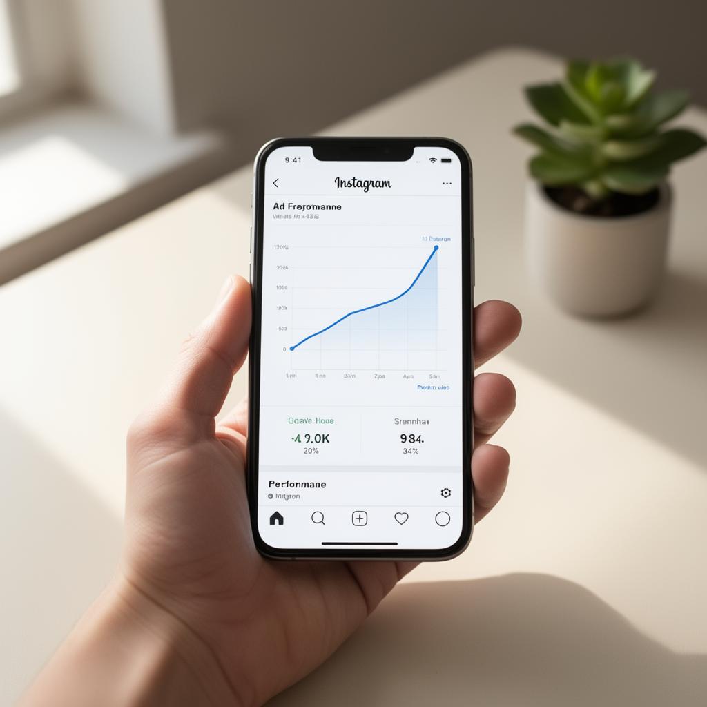 Smartphone zeigt steigende Performance-Kurve einer Instagram-Werbeanzeige